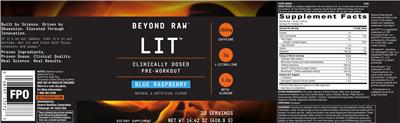 Photo of the GNC Beyond Raw LIT Blue Raspberry label
