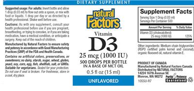 Photo of the Natural Factors Vitamin D3 25 mcg (1000 IU) Unflavored label