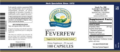 Photo of the Nature's Sunshine Concentrated Feverfew label