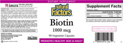 Photo of the Natural Factors Biotin 1000 mcg label