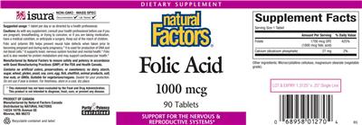 Photo of the Natural Factors Folic Acid 1000 mcg label