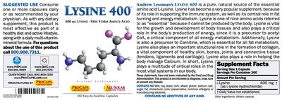 Photo of the ProCaps Laboratories Lysine 400 label
