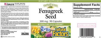 Photo of the Natural Factors HerbalFactors Fenugreek Seed 500 mg label