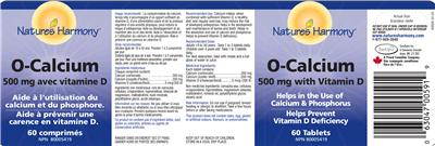 Photo of the Nature's Harmony O-Calcium 500 mg With Vitamin D label