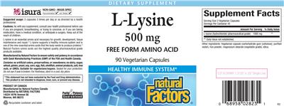 Photo of the Natural Factors L-Lysine 500 mg label