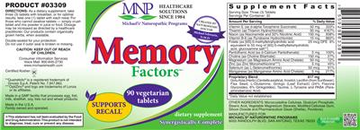 Photo of the MNP Michael's Naturopathic Programs Memory Factors label