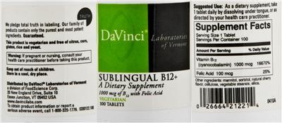 Photo of the DaVinci Laboratories Of Vermont Sublingual B12+ label