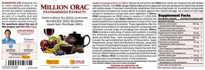 Photo of the ProCaps Laboratories Million ORAC Standardized Extracts label