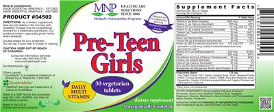 Photo of the MNP Michael's Naturopathic Programs Pre-Teen Girls Daily Multi Vitamin label