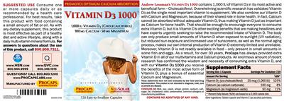Photo of the ProCaps Laboratories Vitamin D3 1000 label