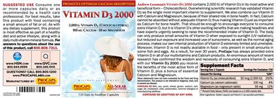 Photo of the ProCaps Laboratories Vitamin D3 2000 label