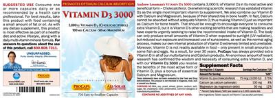 Photo of the ProCaps Laboratories Vitamin D3 3000 label