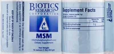 Photo of the Biotics Research Corporation MSM label
