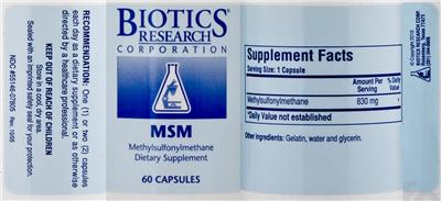 Photo of the Biotics Research Corporation MSM label
