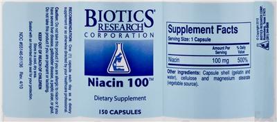 Photo of the Biotics Research Corporation Niacin 100 label