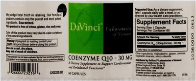 Photo of the DaVinci Laboratories Of Vermont Coenzyme Q10 - 30 mg label