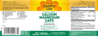 Photo of the Country Life Target-Mins Calcium Magnesium Caps label