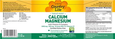 Photo of the Country Life Target-Mins Calcium Magnesium with Vitamin D Complex label