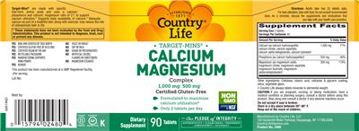 Photo of the Country Life Target-Mins Calcium Magnesium Complex label