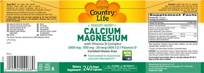 Photo of the Country Life Target-Mins Calcium Magnesium with Vitamin D Complex label