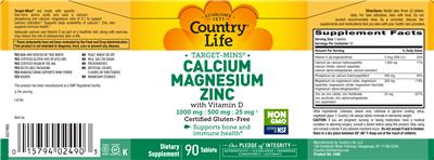 Photo of the Country Life Target-Mins Calcium Magnesium Zinc with Vitamin D label
