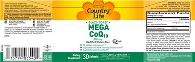 Photo of the Country Life Maxi-Sorb Mega CoQ10 100 mg label