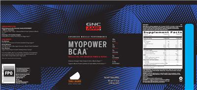 Photo of the GNC AMP Advanced Muscle Performance Myopower BCAA Tangy Orange label