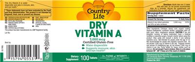Photo of the Country Life Dry Vitamin A 3,000 mcg label