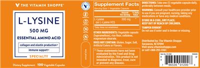 Photo of the The Vitamin Shoppe L-Lysine 500 mg label