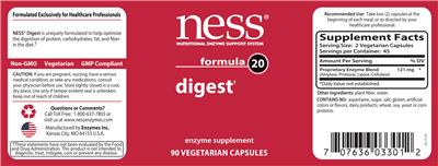 Photo of the NESS Nutritional Enzyme Support System Formula 20 Digest label