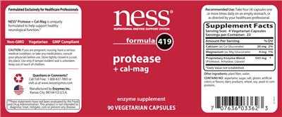Photo of the NESS Nutritional Enzyme Support System Formula 419 Protease + Cal-Mag label