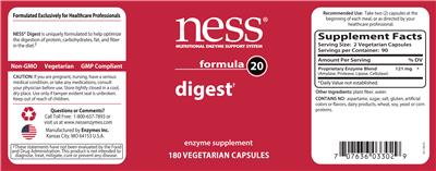 Photo of the NESS Nutritional Enzyme Support System Formula 20 Digest label