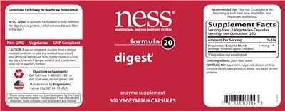 Photo of the NESS Nutritional Enzyme Support System Formula 20 Digest label