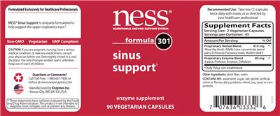 Photo of the NESS Nutritional Enzyme Support System Formula 301 Sinus Support label