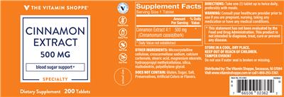 Photo of the The Vitamin Shoppe Cinnamon Extract 500 mg label