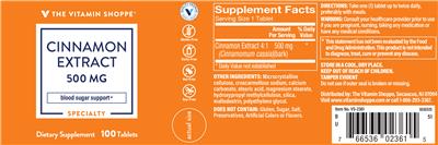 Photo of the The Vitamin Shoppe Cinnamon Extract 500 mg label