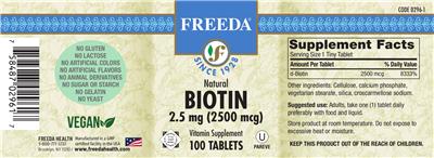 Photo of the Freeda Natural Biotin 2.5 mg (2500 mcg) label