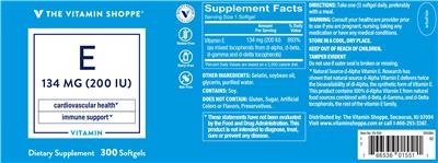 Photo of the The Vitamin Shoppe E 134 mg (200 IU) label
