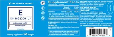 Photo of the The Vitamin Shoppe E 134 mg (200 IU) label