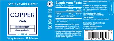 Photo of the The Vitamin Shoppe Copper 2 mg label