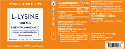 Photo of the The Vitamin Shoppe L-Lysine 500 mg label