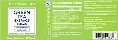 Photo of the The Vitamin Shoppe Green Tea Extract 250 mg label