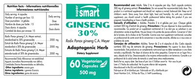 Photo of the SuperSmart Ginseng 30% 500 mg label