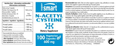 Photo of the SuperSmart N-Acetyl Cysteine 600 mg label