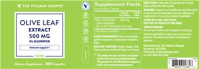 Photo of the The Vitamin Shoppe Olive Leaf Extract 500 mg label