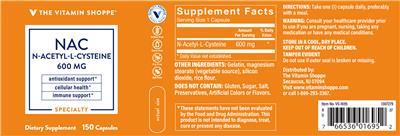 Photo of the The Vitamin Shoppe NAC 600 mg label
