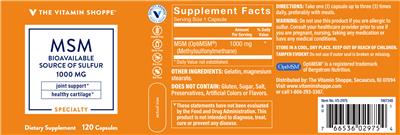 Photo of the The Vitamin Shoppe MSM 1000 mg label