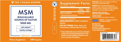 Photo of the The Vitamin Shoppe MSM 1000 mg label