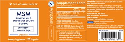 Photo of the The Vitamin Shoppe MSM 500 mg label