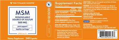 Photo of the The Vitamin Shoppe MSM 500 mg label